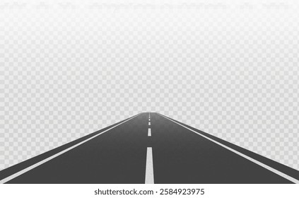 Perspective view of road going far away. Empty highway with marking stretching into distance. Traveling, trip, forward movement, future concept. Vector EPS 10