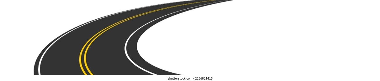 Perspective view of road turning far away. Empty winding highway stretching into distance. Travelling, trip, journey, forward movement, future concept. Vector flat illustration