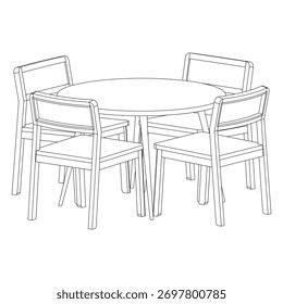 Vista em perspectiva de um conjunto de jantar redondo mostrando uma aparência 3D realista de uma mesa circular e quatro cadeiras.