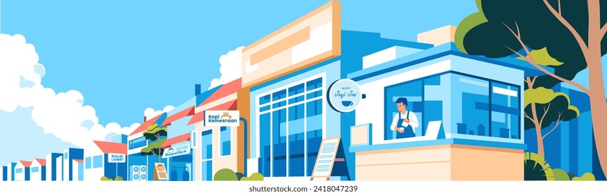 Perspective view shops store buildings food and beverage business area a male bartender is brewing coffee vector illustration flat