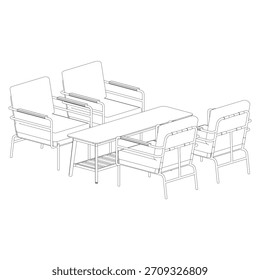Perspective view showing four armchairs arranged around a central coffee table, creating a complete seating circle.