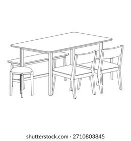 Perspective view showing the full dining composition: two chairs, a long bench, and two stools surrounding a rectangular table, forming a modern and versatile mixed-seating dining arrangement.