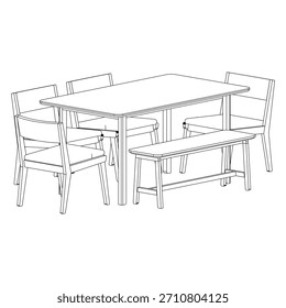 Vista de la Perspectiva que muestra la configuración completa del comedor con cuatro sillas y un banco largo que rodea la mesa rectangular, creando una disposición versátil de asientos mixtos con proporciones modernas.
