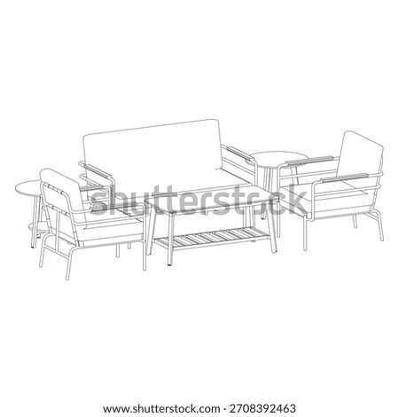 Perspective view showing a stylish living room set with a sofa and a mix of two round coffee tables plus one rectangular coffee table, creating a dynamic and modern visual center.
