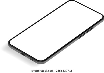 Perspective view of a sleek black smartphone featuring a blank white screen, ideal for showcasing mobile app designs against a clean white background with subtle shadows