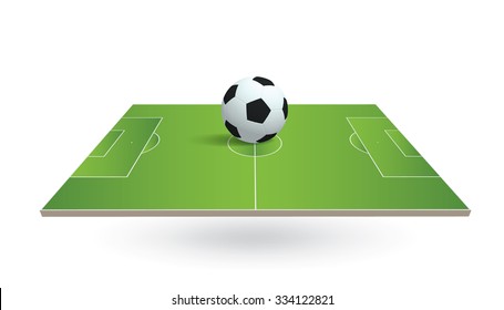 Perspective view of soccer field and soccer ball on white background. Vector illustration.