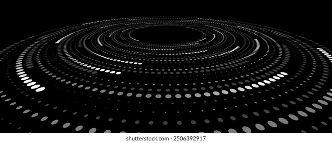 Vista de Perspectiva de círculos digitales en espiral de puntos sobre fondo negro. Abstractas círculo punteado futurista. Visualización de Big Data en el ciberespacio. Ilustración vectorial.