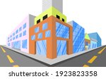perspective view of the street corner in the city with adjacent buildings, 3d vector design illustration.