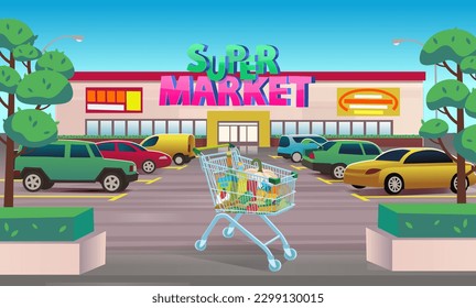 Perspective view of supermarket outside with parking. Supermarket Outdoor with car parking and supermarket food cart.  Cartoon vector illustration