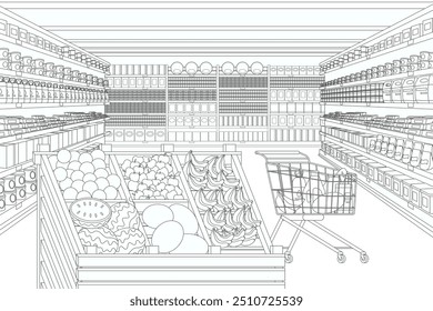 Vista de perspectiva do supermercado ou loja mercearia interior com prateleiras de madeira de frutas e carrinho de compras com comida. Plano de fundo do corredor da loja de varejo, desenho animado de ilustração do vetor do departamento de hipermercado