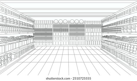 Perspective view of supermarket or store grocery aisle line art. Retail shop inside with shelves row full of goods background, racks of mart interior with product display vector illustration cartoon