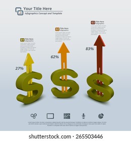 Perspective view of three 3d financial symbols with arrow growing up. Abstract infographic background for business, commerce, representation, seminar, web, school and any other illustrative purposes. 