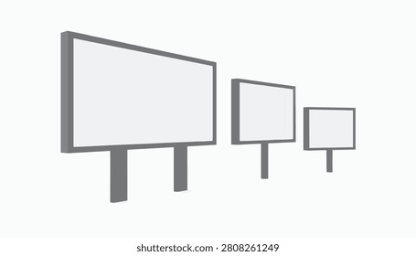 Perspective view of three blank billboards in a row of decreasing size for advertising layouts on white background.