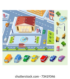 Perspective view of the urban district of the city with buildings and vehicles