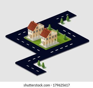 Perspective view of the village houses in the vector in the sky