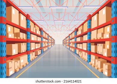 Perspective view of warehouse with cardboard boxes on racks. Interior of storage room in store, factory, market, hardware store. Vector cartoon illustration.