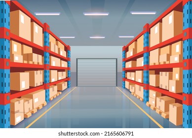 Perspective view of warehouse with cardboard boxes on racks and a closed shutter door. Interior of storage room in store, factory, market, hardware store. Vector cartoon illustration.