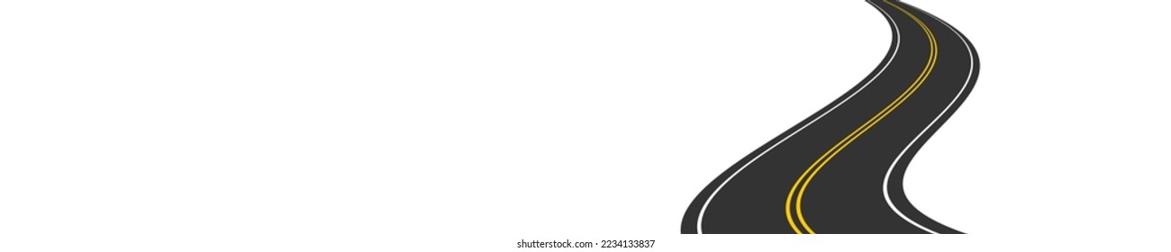 Perspective view of waving road going far away. Empty winding highway stretching into distance. Travelling, trip, journey, forward movement, future concept. Vector flat illustration