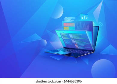 Diseño de concepto de tecnología de desarrollo web en perspectiva. Portátil con procesamiento de pantallas interactivas virtuales, diseño de interfaz web, codificación de software e idiomas de programación vectoriales 