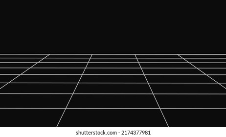Cuadrícula blanca de perspectiva sobre un fondo negro. Ilustración vectorial futurista. El estilo de los años 80.