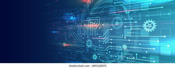 Perspective wide High-tech technology background texture. Abstract 3D circuit board vector illustration. Vector electronic communication. Futuristic web banner.