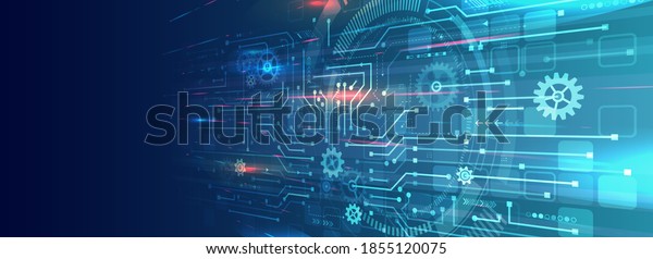Perspective wide High-tech\
technology background texture. Abstract 3D circuit board vector\
illustration. Vector electronic communication. Futuristic web\
banner.