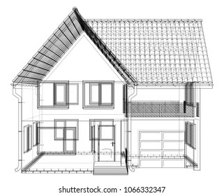 Perspective wireframe of house exterior. Vector created of 3d