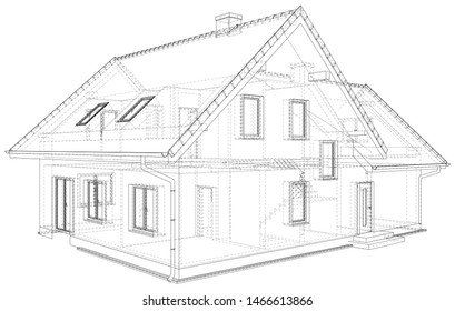 Perspective wireframe of house exterior. Vector created of 3d