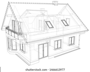 Perspective wireframe of house exterior. Vector created of 3d