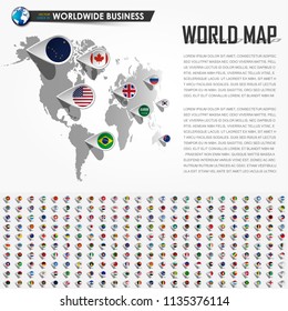 Perspective world map and GPS navigator location pin with all national country flag elements of the earth . Vector .