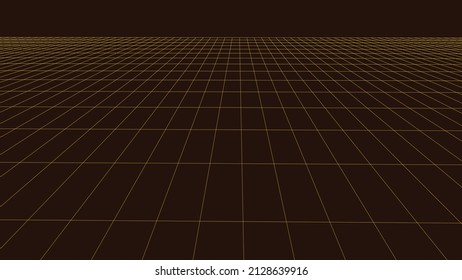 Perspective yellow grid on a dark background. Futuristic vector illustration. Background in the style of the 80s.