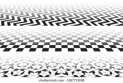 Perspectives With Checkered, Zig-zag And Penrose Mosaic Patterns, Perspective Distorted Surface With Black And White Tiles, Abstract Background Vector Illustration Set For Minimal Designs