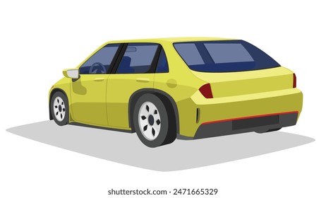 Perspectives rear side view of sedan yellow car. Can see interior of car. Isolated of white background.