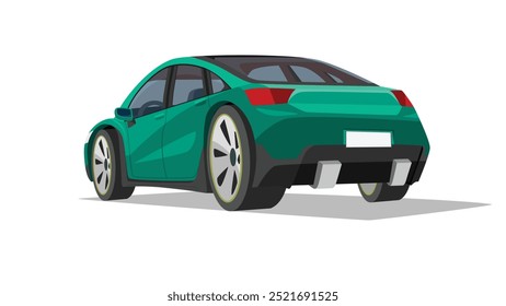 Perspectives rear side view of sedan green car. Can see interior of car. Isolated of white background.