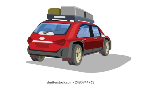 Perspectives rear side view of SUV red car. With driving man inside car. On the roof of the car there is luggage set up on a rack. Isolated of white background.