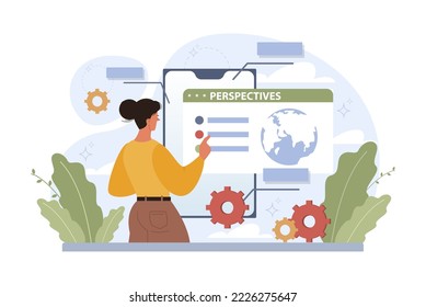 Perspectives. Searching for opportunities, decisions, new ideas. Characters looking into the future. Outlook, forecast or visionary set. Flat vector illustration