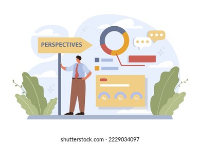 Perspectives. Searching for opportunities, decisions, new ideas. Characters looking into the future. Outlook, forecast or visionary set. Flat vector illustration