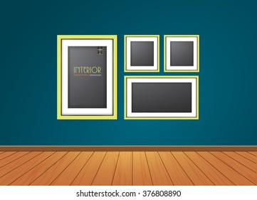 Perspective/Wooden Pattern texture floor,plank, with photo frame hang on background wall ,To apply for room, interior,studio,decoration,architecture,presentation,office,vector illustration
