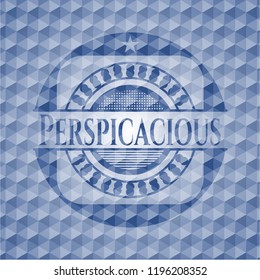 Perspicacious blue emblem or badge with geometric pattern background.