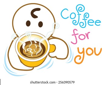 Persuaded coffee or coco for you please try and have a break or breakfast, He is pantomime, Cartoon vector character design cute background white color.