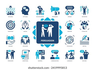 Persuasion icon set. Influence, Decision Making, Propaganda, Beliefs, Opinion, Attraction, Advertising, Rhetoric, Attitudes. Duotone color solid icons