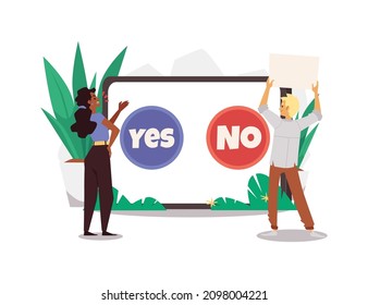 Persuasion to make decisions and options choice process. People convincing to make positive or negative decision, flat vector illustration isolated on white background.
