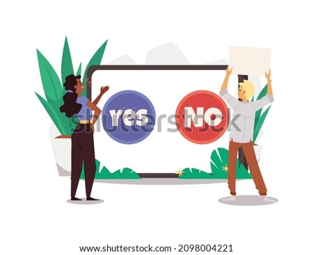 Persuasion to make decisions and options choice process. People convincing to make positive or negative decision, flat vector illustration isolated on white background.