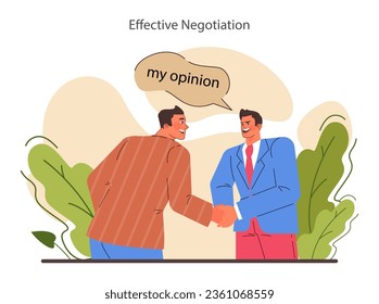 Persuasion. Negotiation skill, the ability to convince people. Cognitive influence and authoritative opinion. Dialogue between characters. Flat vector illustration