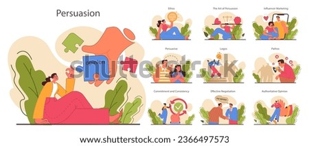 Persuasion set. Soft skill, the ability to convince people. Cognitive influence and authoritative opinion. Motivation, inspiration and control on decision making. Flat vector illustration [[stock_photo]] © 