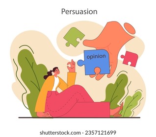 Persuasion. Soft skill, the ability to convince people. Cognitive influence and authoritative opinion. Motivation, inspiration and control on decision making. Flat vector illustration
