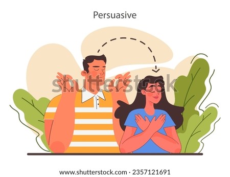 Persuasion. Soft skill, the ability to convince people. Cognitive influence and authoritative opinion. Motivation, inspiration and control on decision making. Flat vector illustration