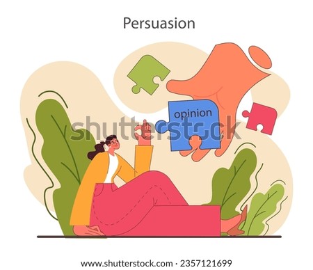 Persuasion. Soft skill, the ability to convince people. Cognitive influence and authoritative opinion. Motivation, inspiration and control on decision making. Flat vector illustration [[stock_photo]] © 