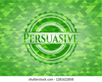 Persuasive green emblem. Mosaic background