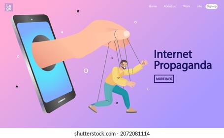 Persuasive social media or news controlling businessman. Hand of puppet master coming out of smartphone. Concept of fake news with a human. Vector illustration.